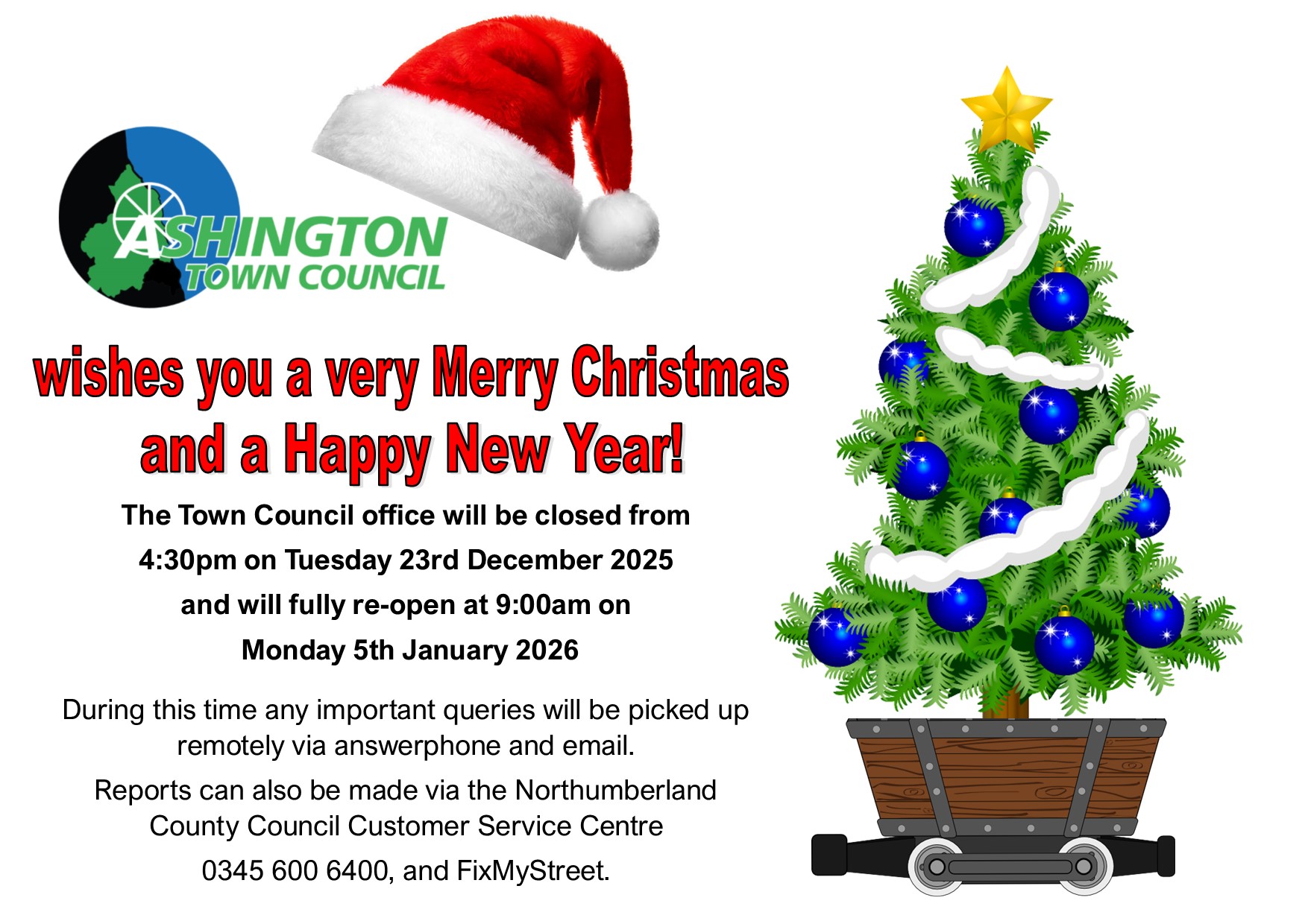 A Very Merry Christmas from Ashington Town Council - Holiday Office Times