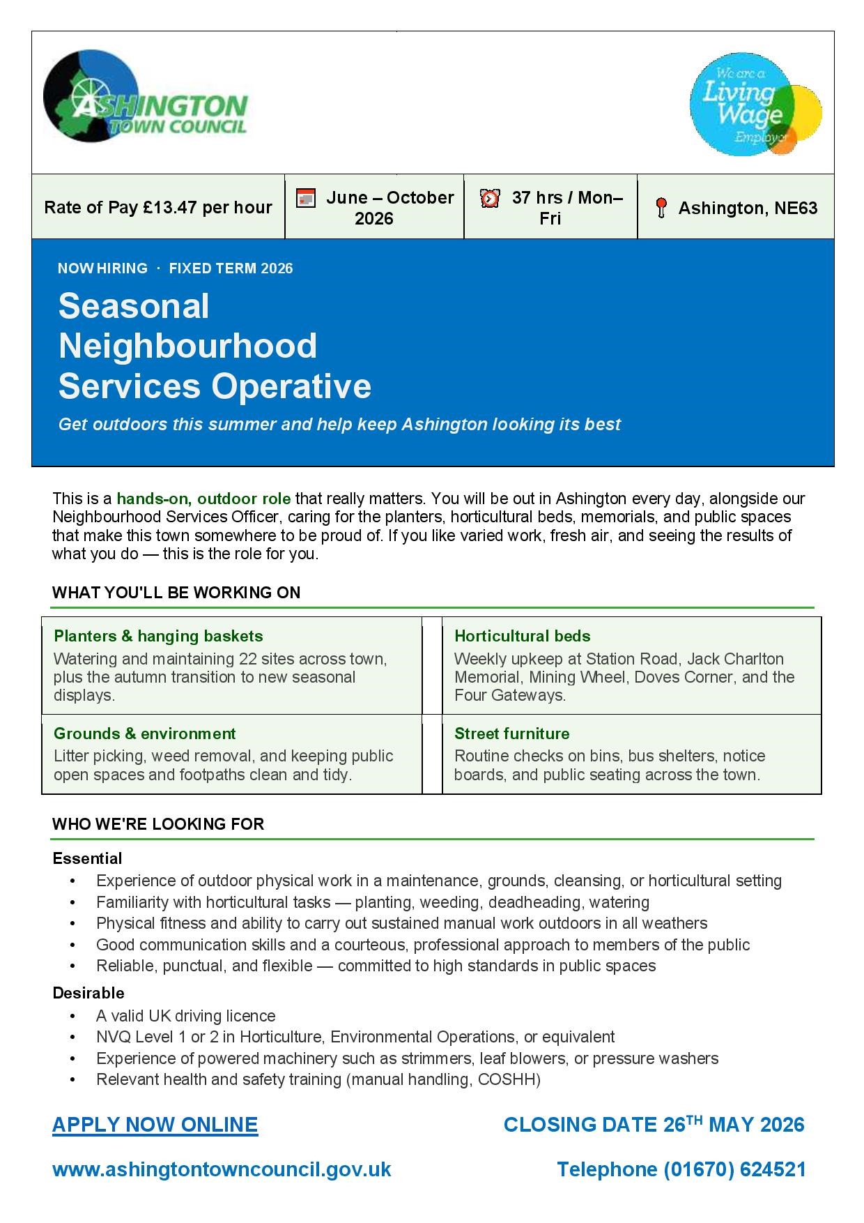 EMPLOYMENT OPPORTUNITY - SEASONAL NEIGHBOURHOOD SERVICES OPERATIVE