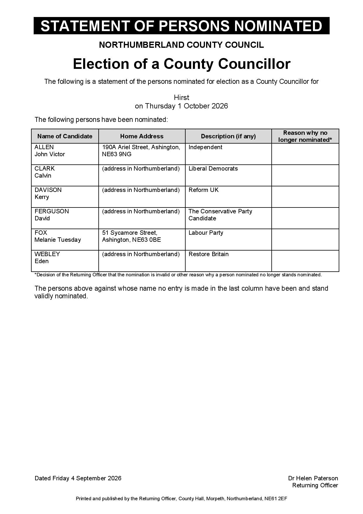 Hirst Ward – County Council By-Election - Statement of Persons Nominated