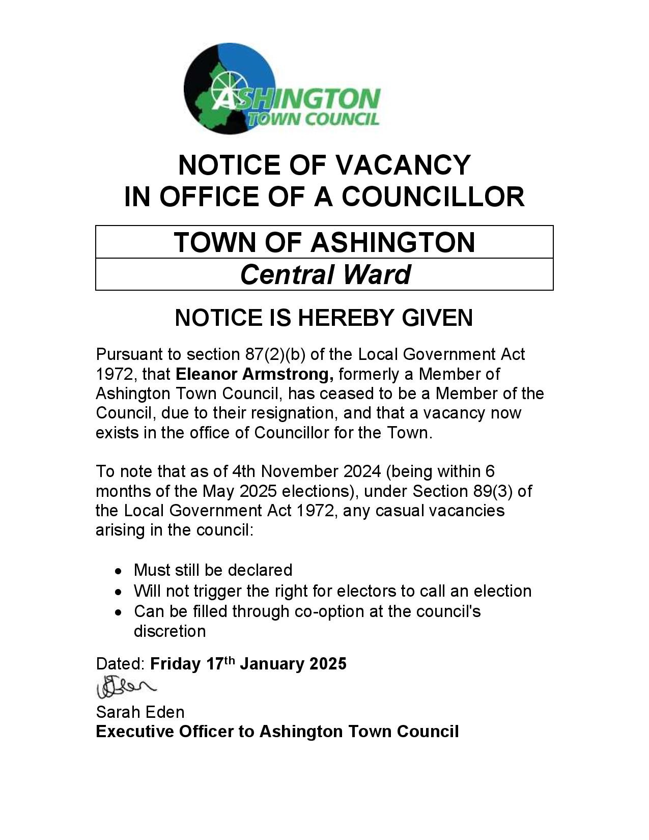 Central Ward - Casual Vacancy due to the resignation of Eleanor Armstrong