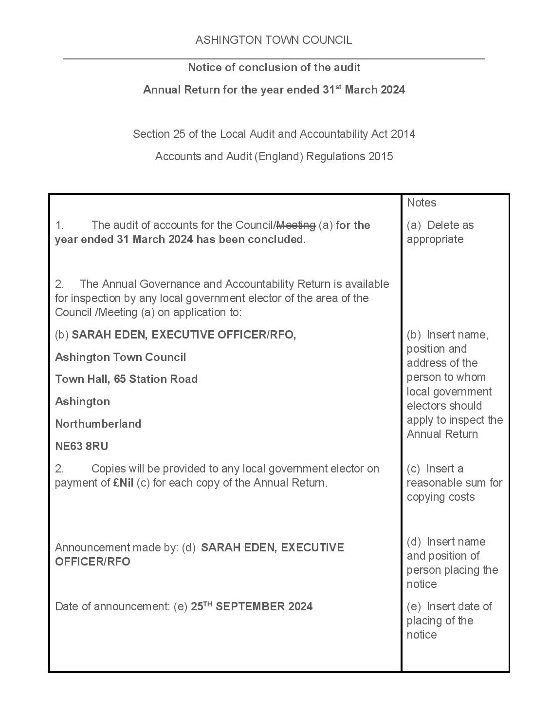 Annual Governance and Accountability Return (AGAR) Completed