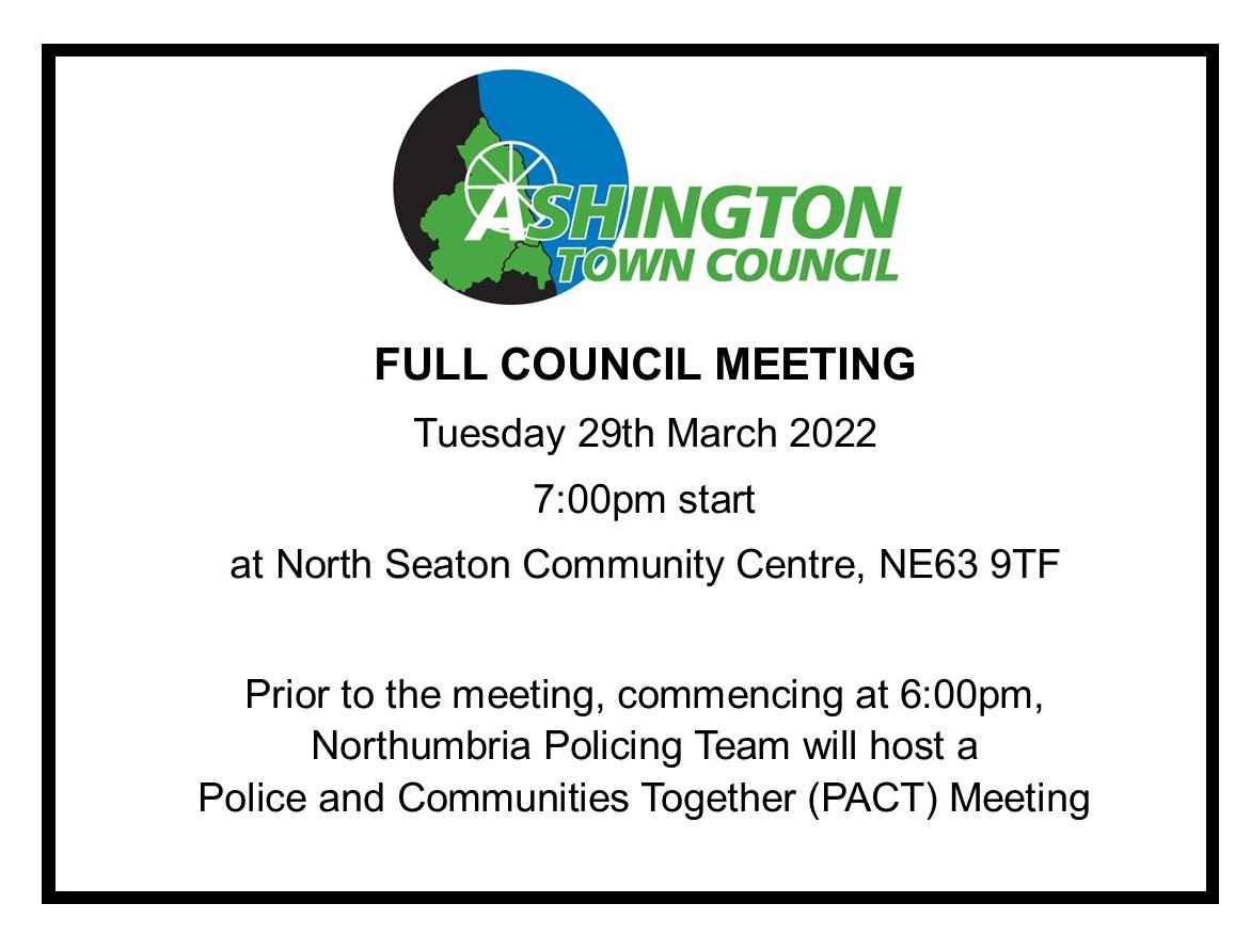 FULL COUNCIL MEETING - Tuesday 29th March, commencing at 7:00pm