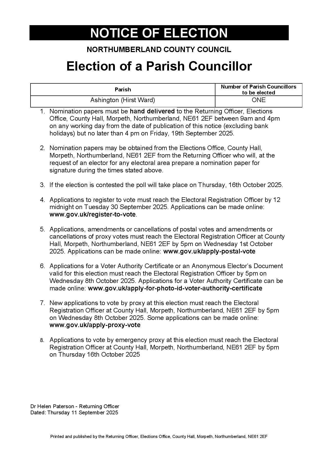Town Councillor Election Called for Ashington (Hirst Ward)