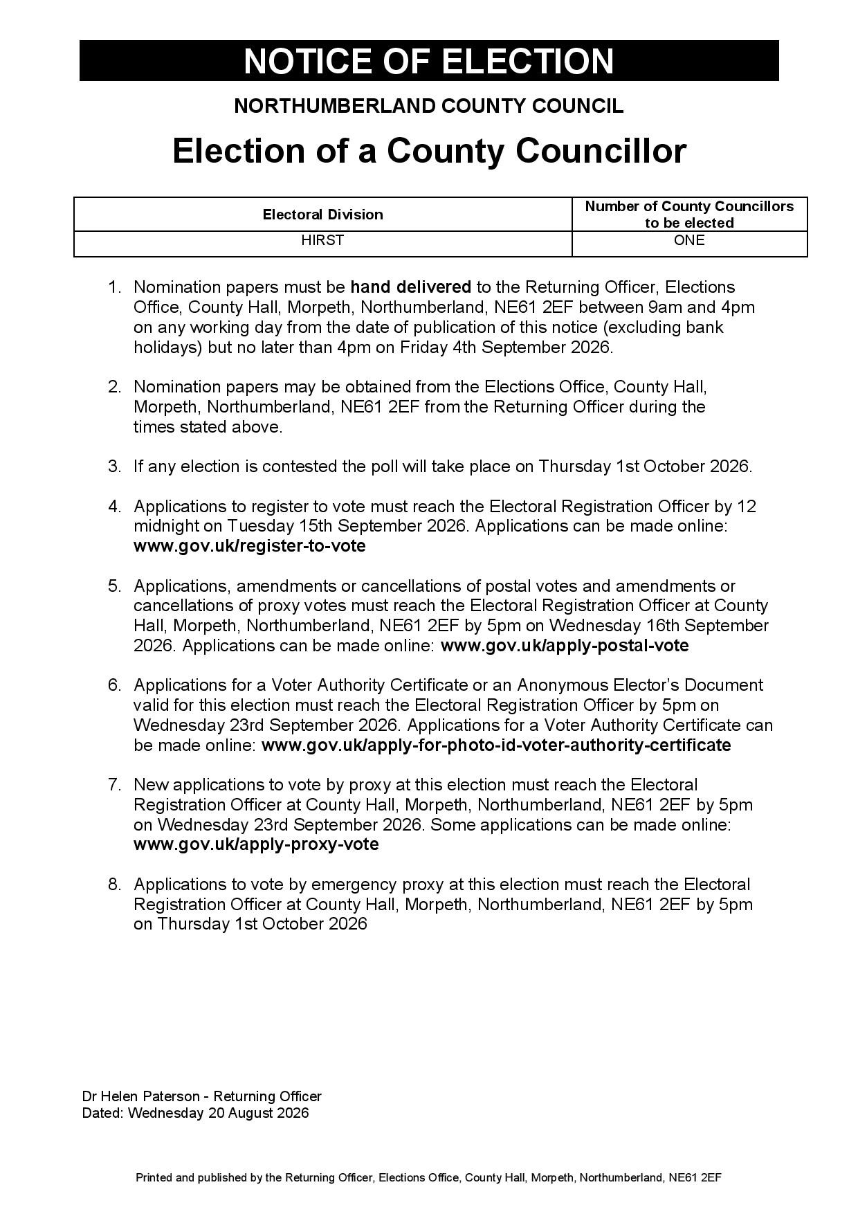 Hirst Ward – County Council By-Election