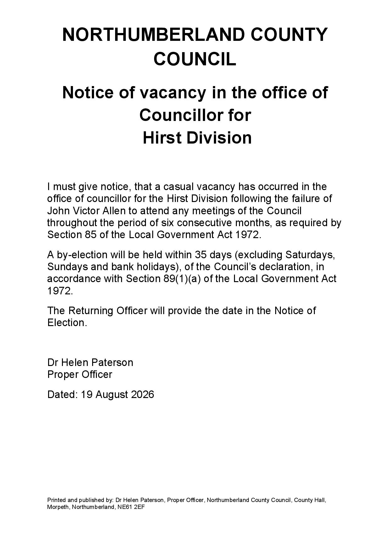 NOTICE OF VACANCY FOR HIRST COUNTY COUNCILLOR