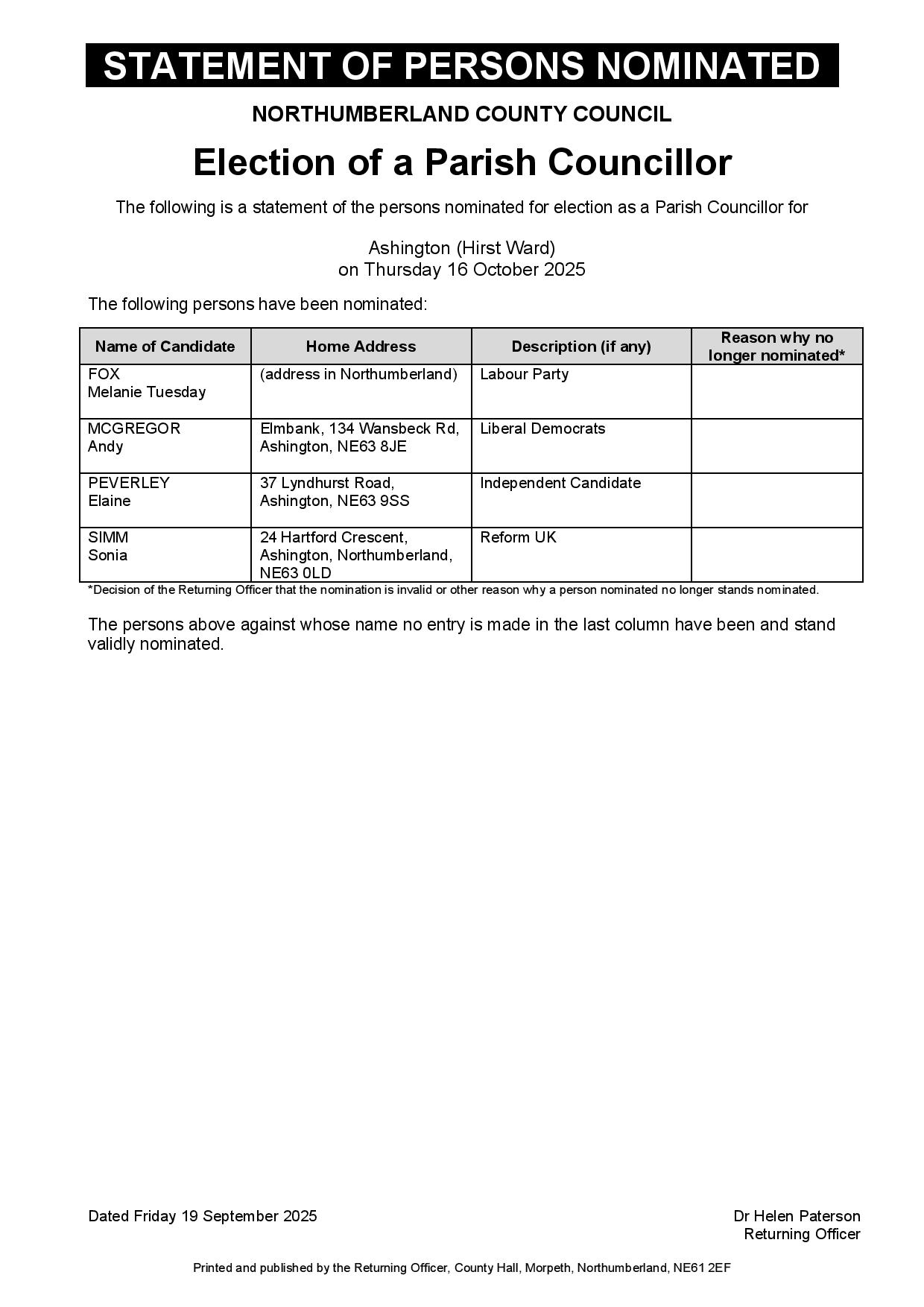 Election of a Town Councillor for Ashington (Hirst Ward) on Thursday 16 October 2025